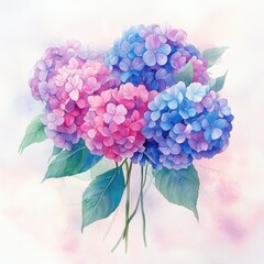 Vibrant Watercolor Hydrangea Bouquet with Eucalyptus on White Background