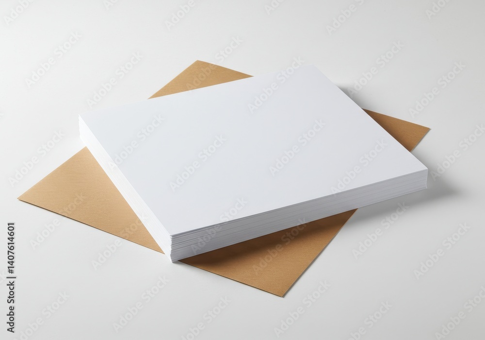 Poster a white square box sitting on a brown square envelope on a white surface in a studio setting