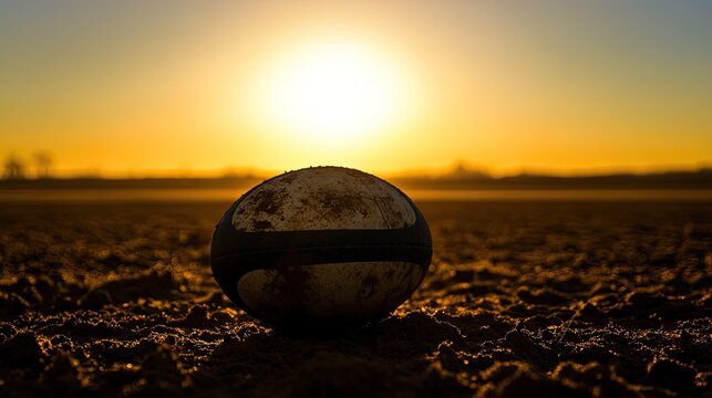 A silhouette of a worn rugby ball resting near the center of a dirtied field