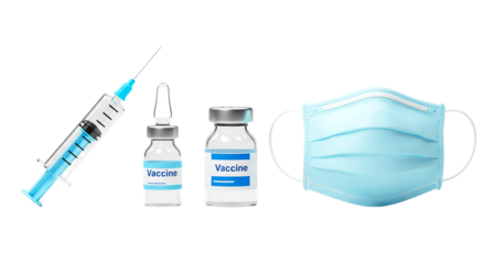A syringe, two vaccine vials, and a blue surgical mask arranged on a black background in a studio shot