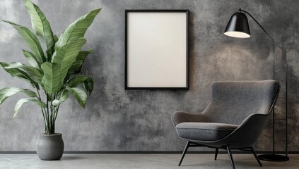 Modern Interior Design: Gray Armchair, Plant, and Blank Frame