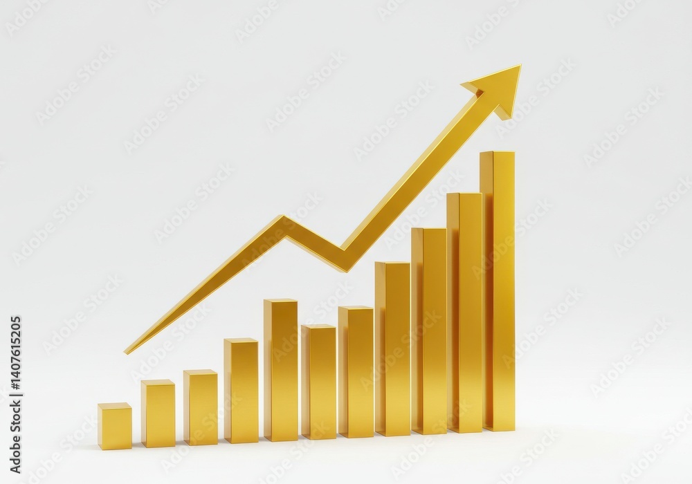 Poster golden bar graph showing upward trend with arrow on a white background representing growth chart
