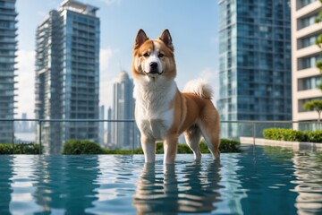 A proud Akita dog stands calmly in a serene pool with modern skyscrapers in the background, capturing the essence of urban luxury.