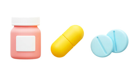 A still life of a pink medicine bottle, a yellow capsule, and two light blue round pills on a black background