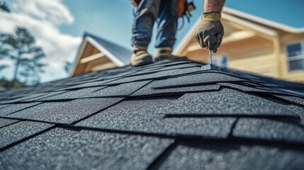 Roofer applying shingles to a new roof. Featuring craftsmanship and efficiency