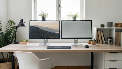 Desktop Setup Featuring Dual Monitors on White Wall With Clean Table and Simple Chair