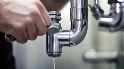 Plumber repairing water pipe under bathroom sink. Featuring expertise and care