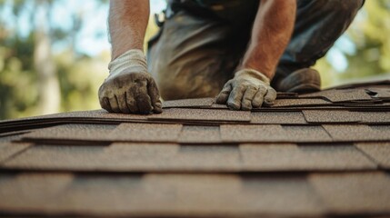 Roofer applying shingles to a roof. Featuring skill and safety
