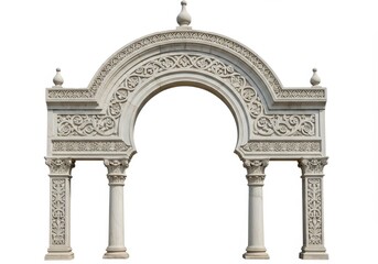 Fototapeta premium Ornate stone archway with detailed carvings and columns isolated on a white background view from front