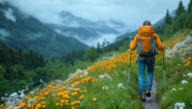 Solo hiker in orange jacket trekking mountain trail amidst yellow and white wildflowers on a misty day - Powered by Adobe