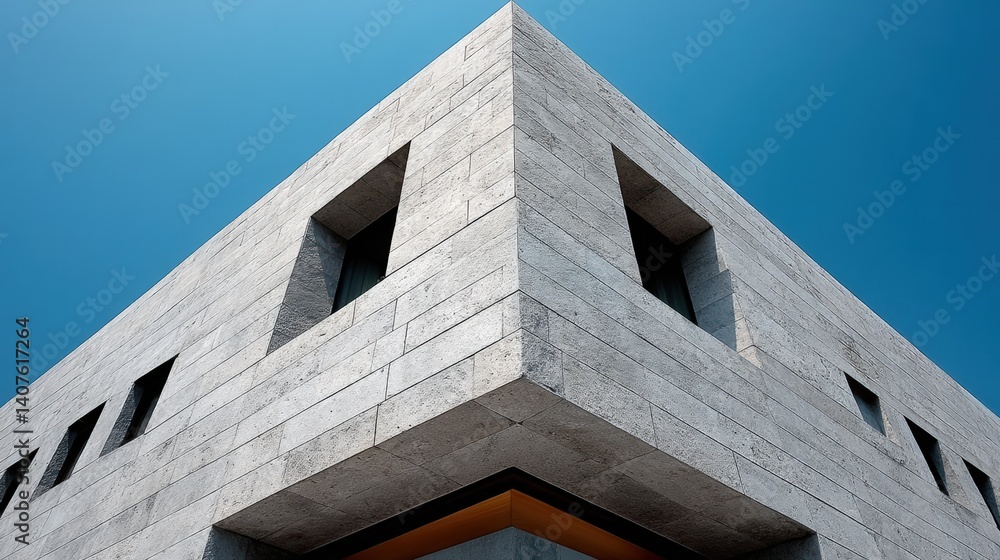 Aufkleber a modern architectural structure with sharp angles and clean lines, set against a clear blue sky, mo