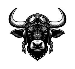 Cartoon Cow or Bull Head Wearing Pilot Gear Flying Plane Smiling Illustration