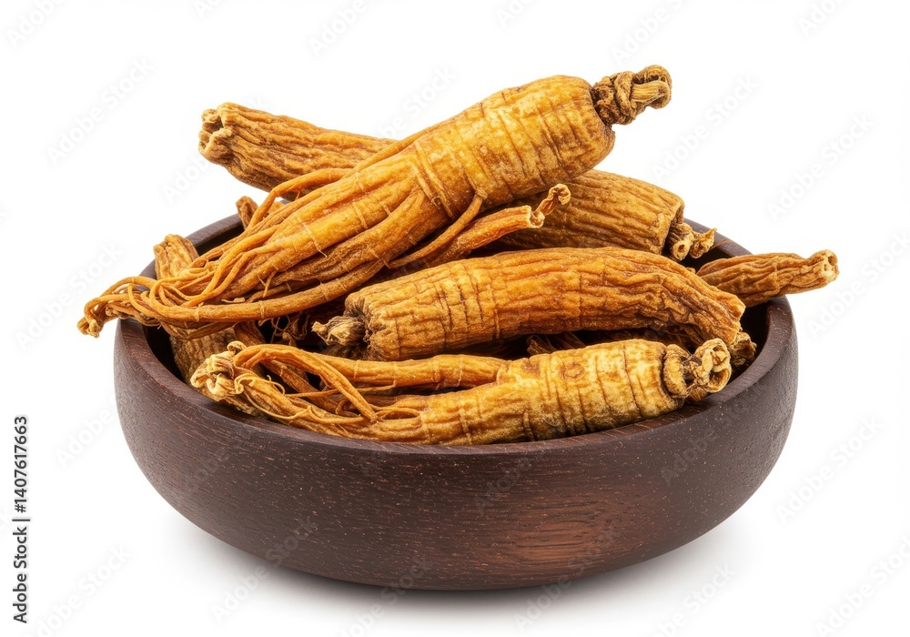 Poster ginseng roots piled in a brown wooden bowl on a white background in a studio setting close up view