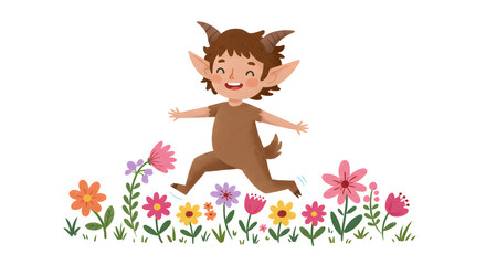 Whimsical Faun Delight: A cheerful illustration of a playful faun happily leaping through a vibrant field of colorful blooms, celebrating the joy of nature. 