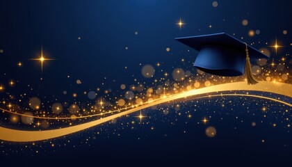 Graduation cap with golden sparkles and glittering waves perfect for celebratory cards or graduation announcements