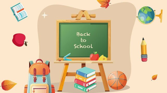 Dynamic video animation promotion, welcome Back to school concept blackboard with school staff, backpack, pencils, books - Powered by Adobe