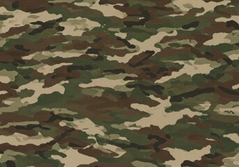 A detailed close up of a camouflage pattern with green brown and tan shapes blending together nicely