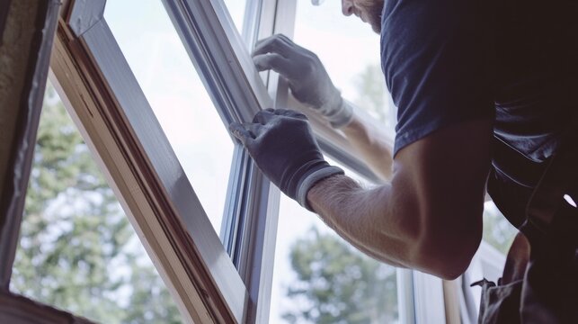 Construction worker installing window frames in a building. Featuring focus and precision