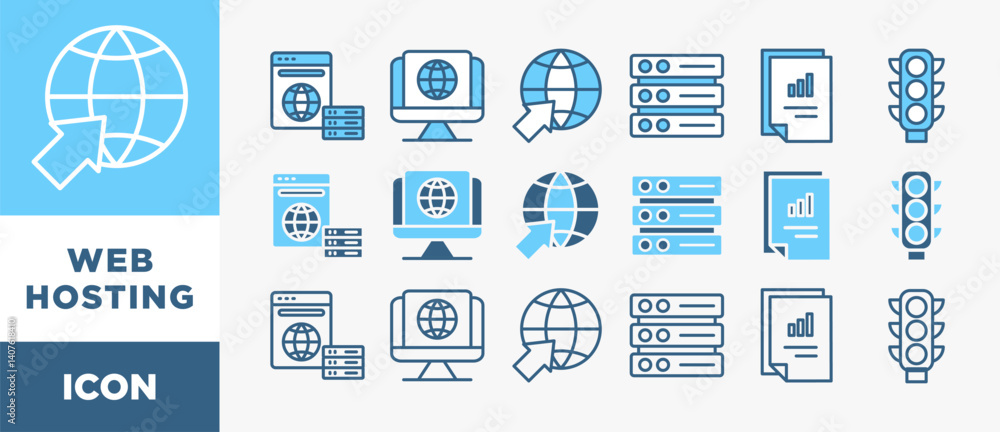 Poster web hosting icon set with various styles and colors provider, webspace, domain, website, server, dat