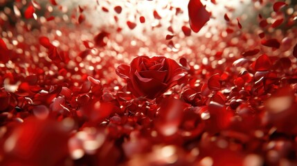 A stunning red rose surrounded by falling petals on a black background capturing the essence of romance and elegance