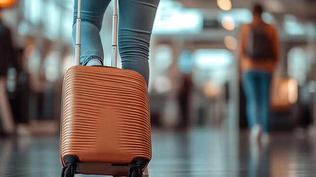 Close-up view of an individual walking with bright orange suitcase in a busy airport terminal representing travel ease : Generative AI