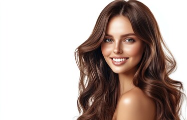 Fototapeta premium Woman with long wavy brown hair smiling against a white background.