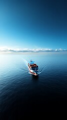 Obraz premium Freight transport by sea, cargo ship with containers on smooth water and morning light