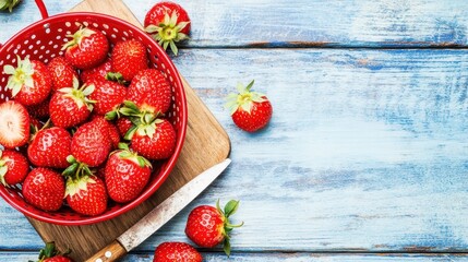 Fresh Strawberries in Red Colander: Juicy, ripe strawberries in a red colander on a rustic wooden background, ready to be used in a delicious recipe or enjoyed as a refreshing snack.