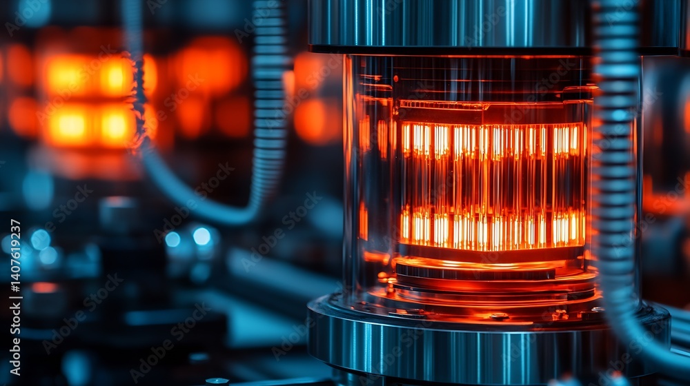 Aufkleber detailed close-up of a modern electronic device with glowing orange tubes and intricate wiring : gen