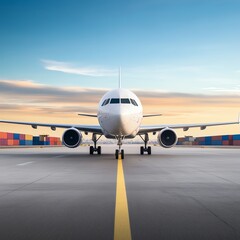 Photorealistic air freight jet on runway with containers ready for global shipping
