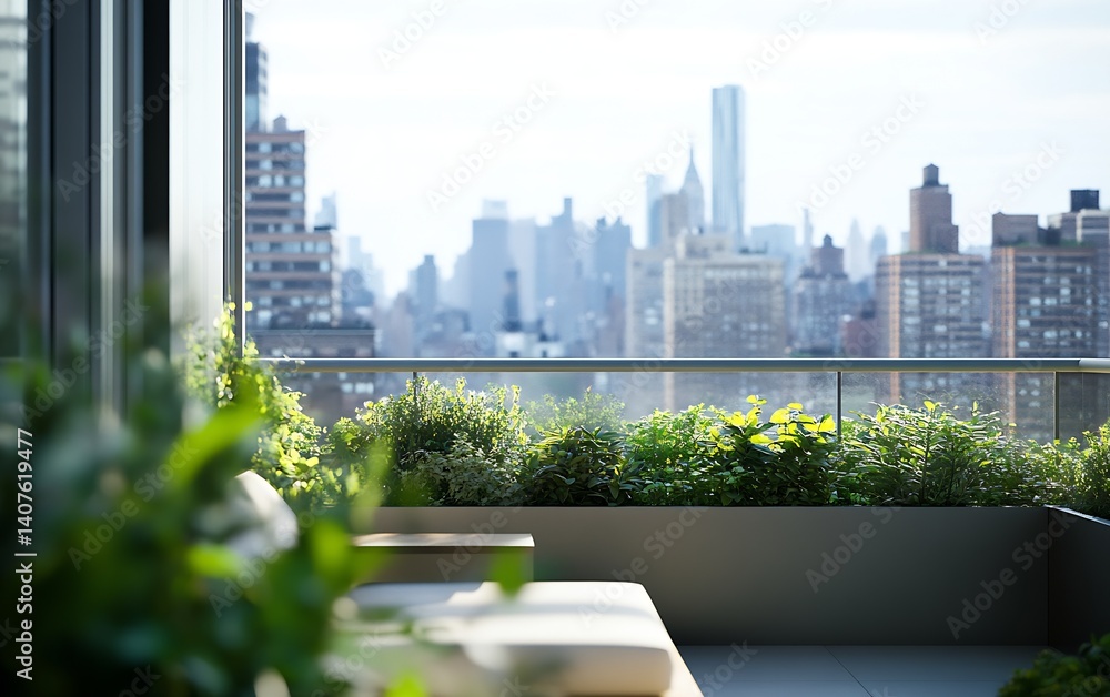 Aufkleber beautiful balcony view filled with greenery and a stunning skyline view of the city in daylight : ge
