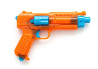 Close up shot of an orange and blue toy gun with a white background in a studio setting