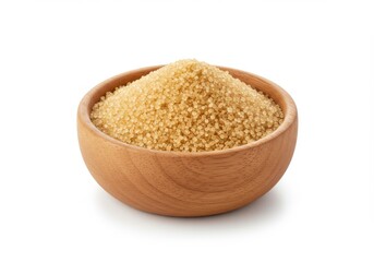 A wooden bowl filled with brown sugar isolated on a white background in a studio setting