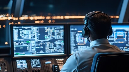 Skilled Air Traffic Controller Overseeing Flight Data on Multiple Screens at Night : Generative AI