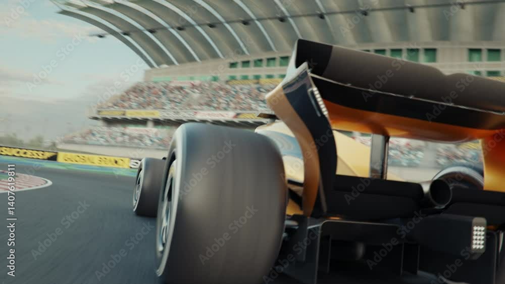Poster race car pov shot following and trying to overtake a generic race car. 3d animation rendering. new 2