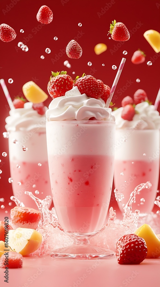 Poster Delicious strawberry banana smoothie topped with cream and fresh fruit creating a splash effect : Generative AI