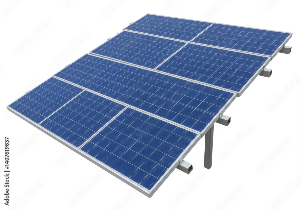 Poster angled view of solar panels array on a white background showing renewable energy source and power ge