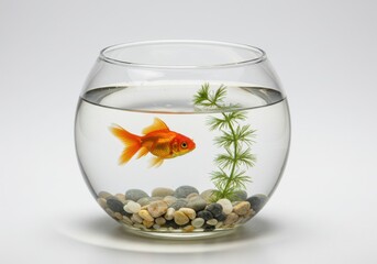 A goldfish swimming in a bowl with rocks and a plant against a white background studio shot