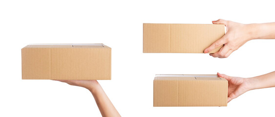Hand holding parcel Box isolated on white background