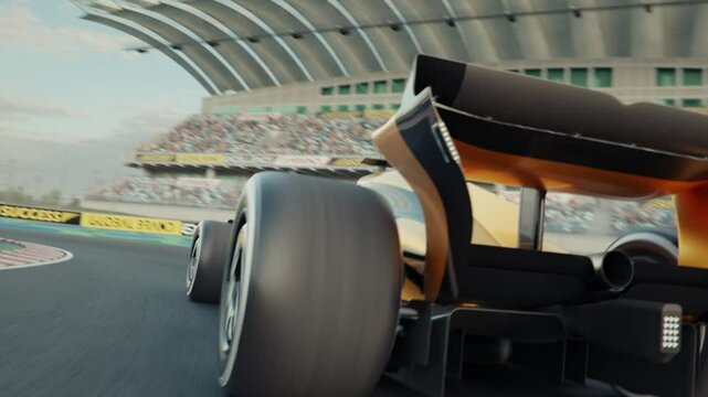 Race car POV shot following and trying to overtake a generic race car. 3D animation rendering. New 2025 black and gold race car design