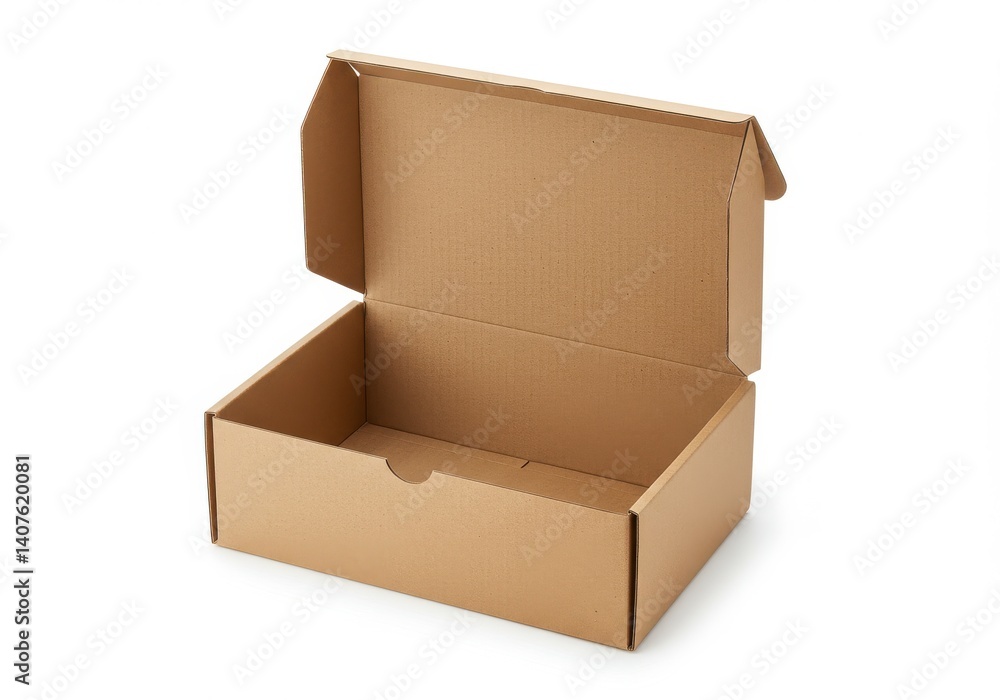 Aufkleber open rectangular cardboard box with flaps standing upright on a white background surface