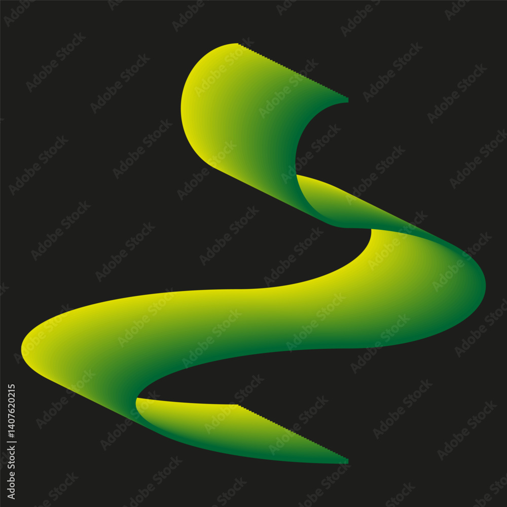 Poster curved ribbon shape. gradient green element. abstract flow vector. black background symbol.