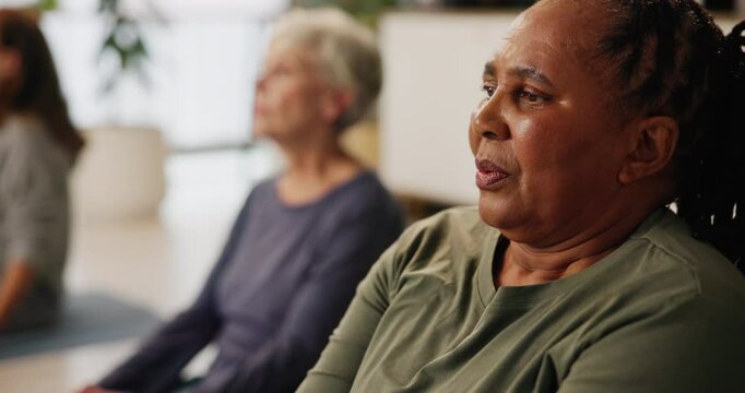 Senior woman, group and yoga class for meditation, peace or breathing with reflection in retirement. Elderly African person, mindfulness and zen perspective with learning for wellness in nursing home