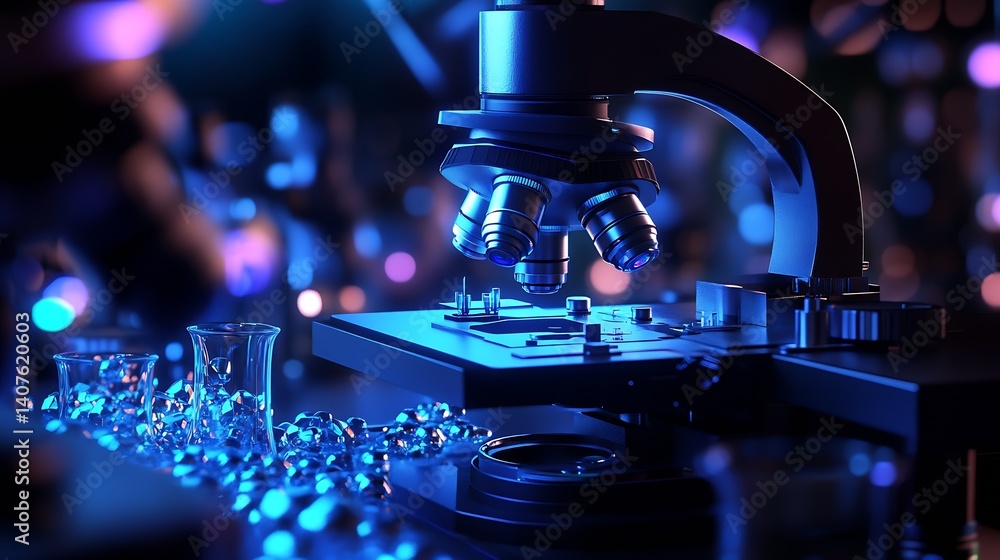 Leinwandbilder Close-up view of a microscope staged for examination with vibrant lighting and laboratory objects surrounding it : Generative AI