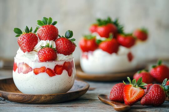 Strawberry Parfaits with Yogurt and Fresh Fruit on Rustic White Table