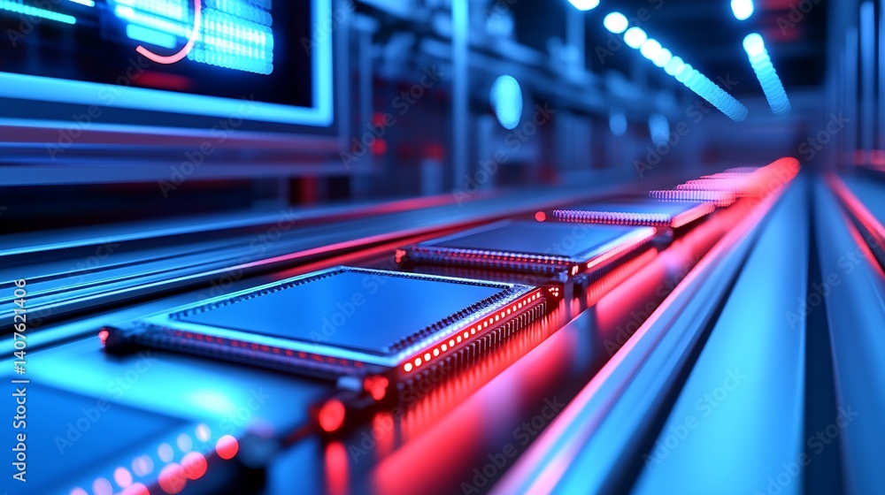 Fototapete futuristic close up of microchips moving on a conveyor belt in a high-tech factory environment : gen