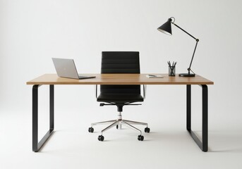 Fototapeta premium A modern office setup featuring a desk chair laptop and lamp against a white background space for work