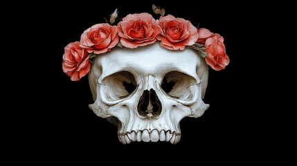 Striking skull decorated with colorful flowers on top set against a black background creating a gothic thematic visual