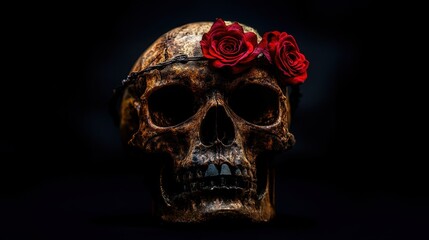 Obraz premium Gothic skull adorned with a beautiful flower crown set against a mysterious black background for a dark aesthetic