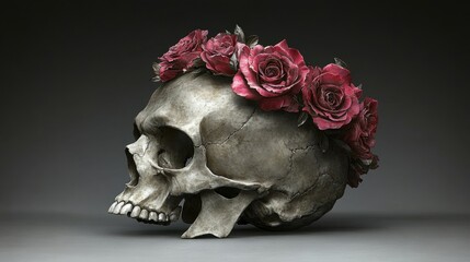 Artistic representation of a skull decorated with an array of colorful flowers on a mysterious black background